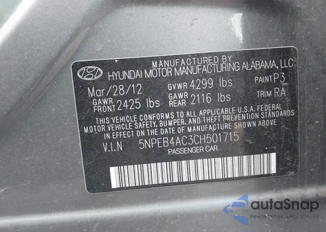2012 Hyundai Sonata Gls z USA, uszkodzony, nr VIN 5NPEB4AC3CH501715